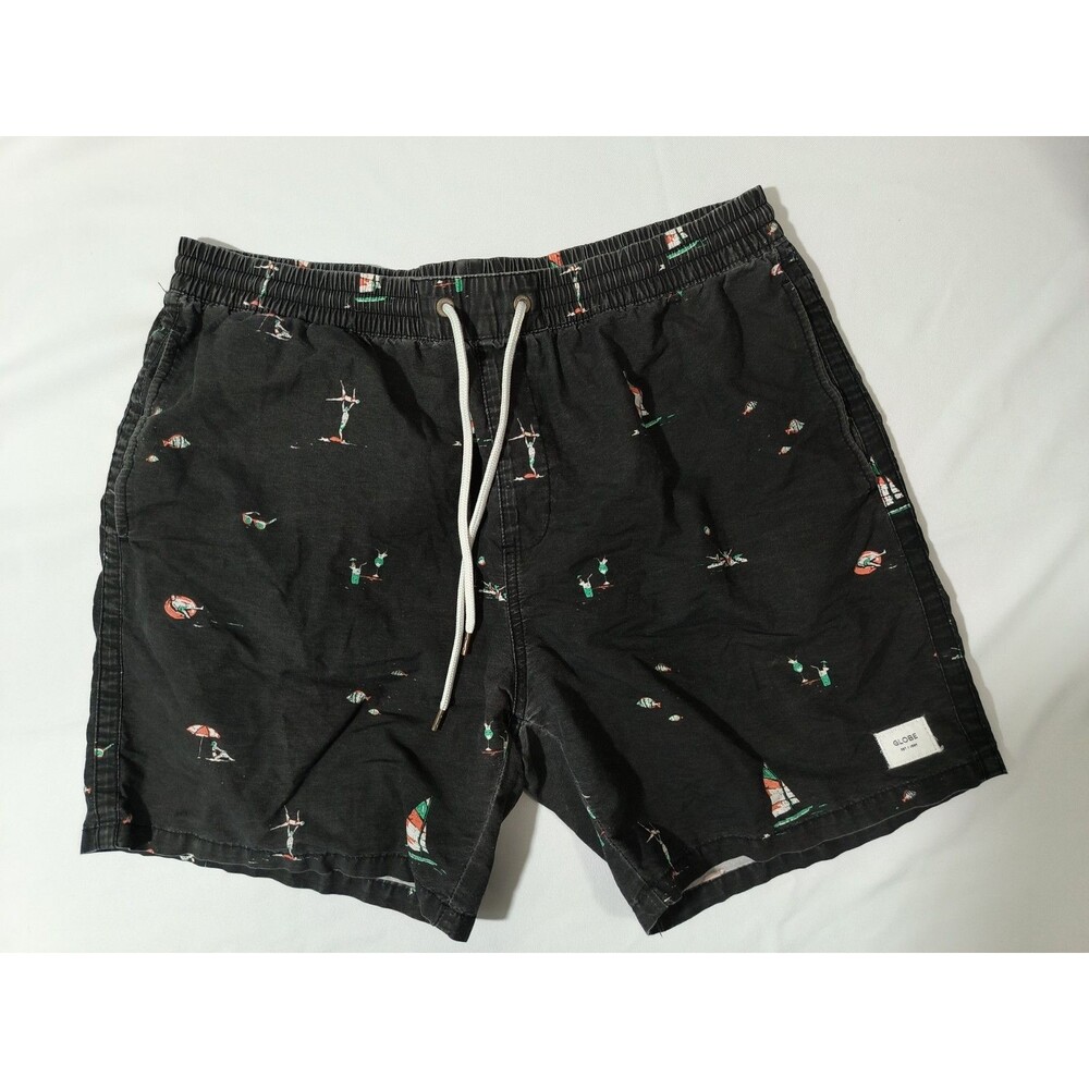 Globe Mens Shorts Size 34 Black Tropical Print Drawstring Beach Surf Swim Casual